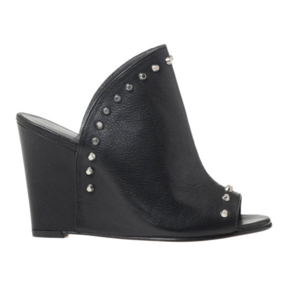 Stuart Weitzman Upfrontal Black Studded Leather Wedge Sandals
